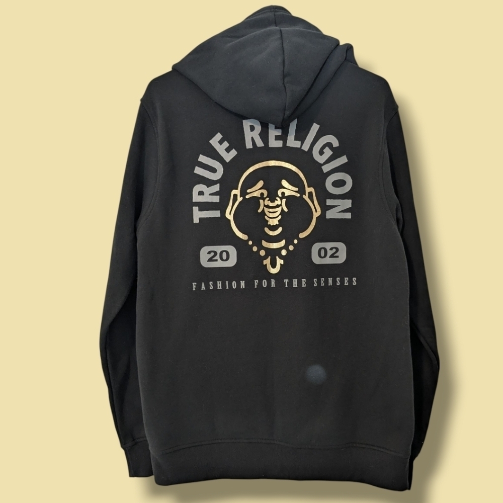 True Religion Black Buddha Foil Graphic Full Zip Fleece Drawstring Hoodie LG